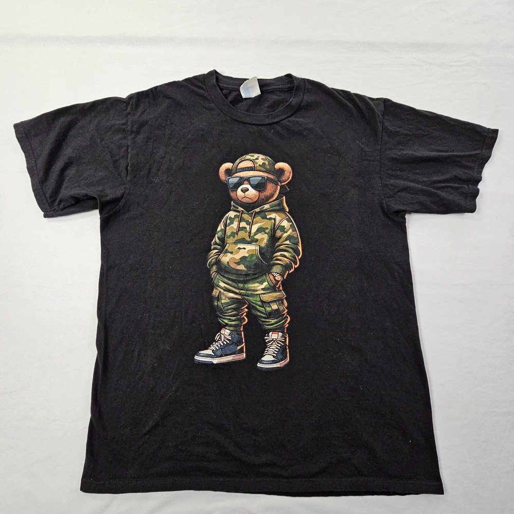 Hip Hop Teddy Bear Black Short Sleeve Cotton T-Shirt Men's M